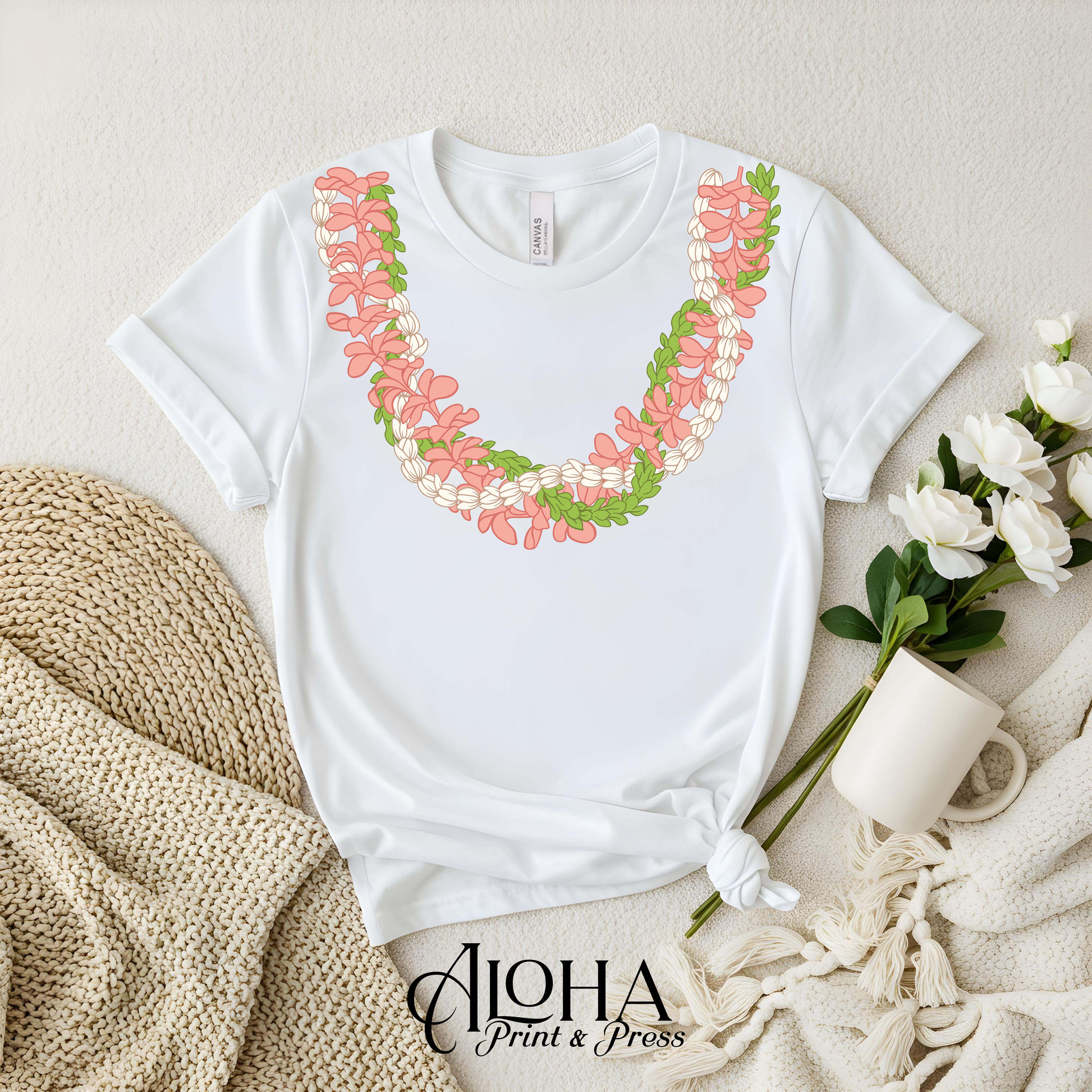 White Hawaiian plumeria floral necklace shirt