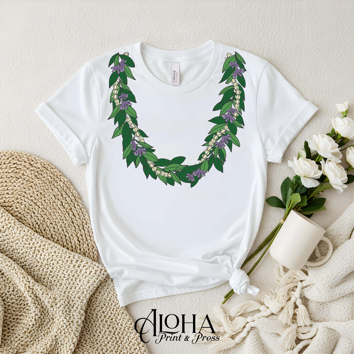 Maile Pikake Naupaka Lei Tee – Hawaiian Floral Graphic Shirt
