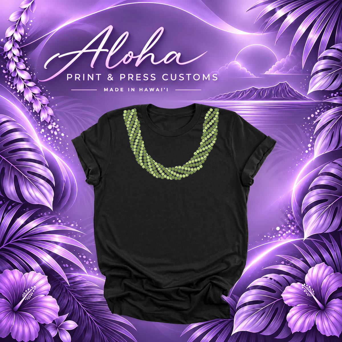 Black T-shirt featuring a Mokihana lei design