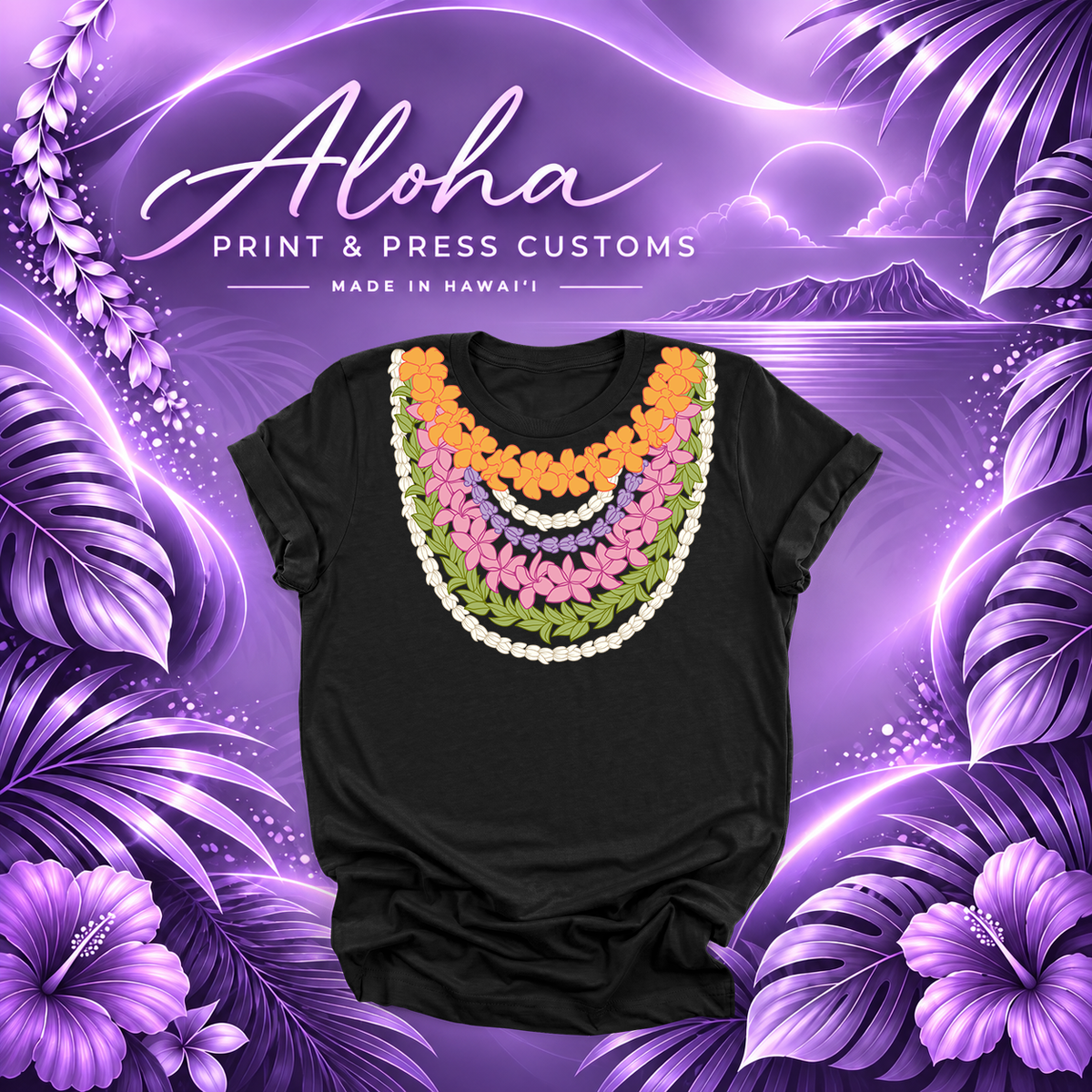 Black T-shirt featuring a multi-strand Hawaiian lei design