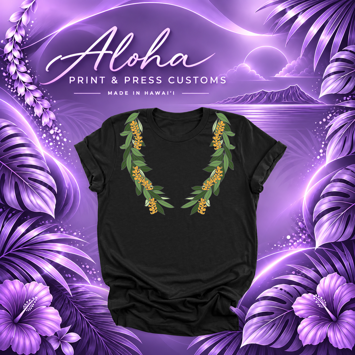 Black T-shirt featuring a Maile and Puakenikeni lei design