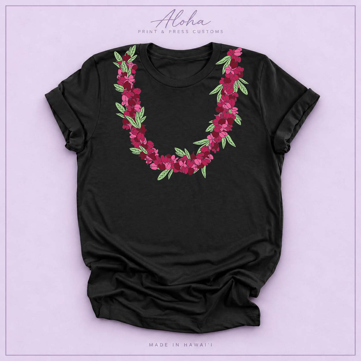 Black T-shirt featuring an ʻAʻaliʻi flower lei design