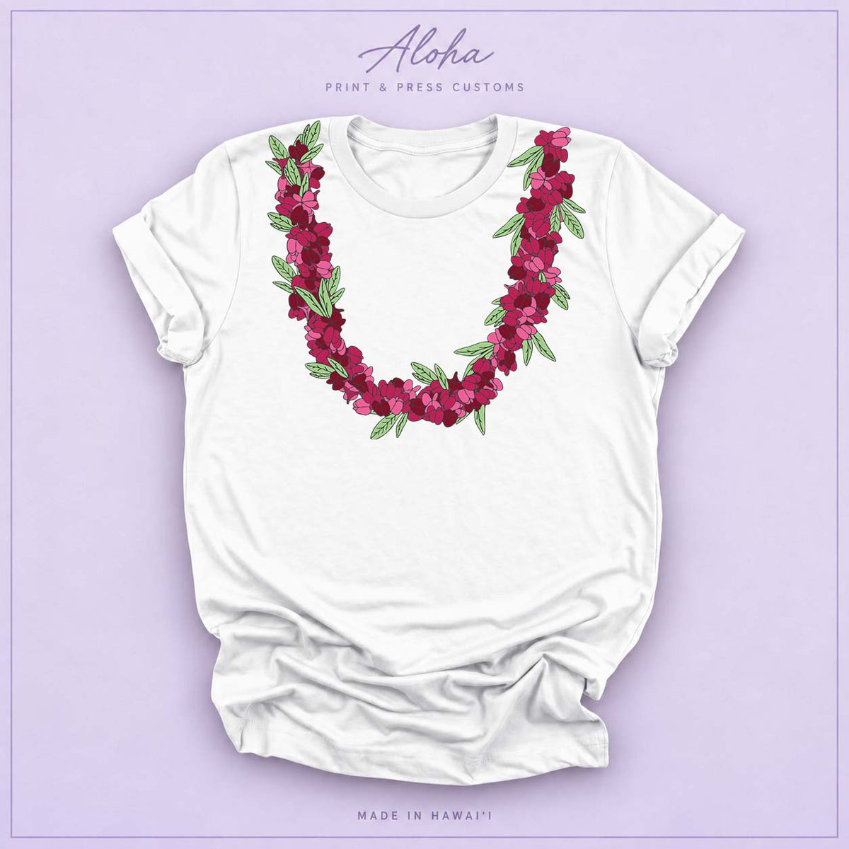 White T-shirt featuring an ʻAʻaliʻi flower lei design
