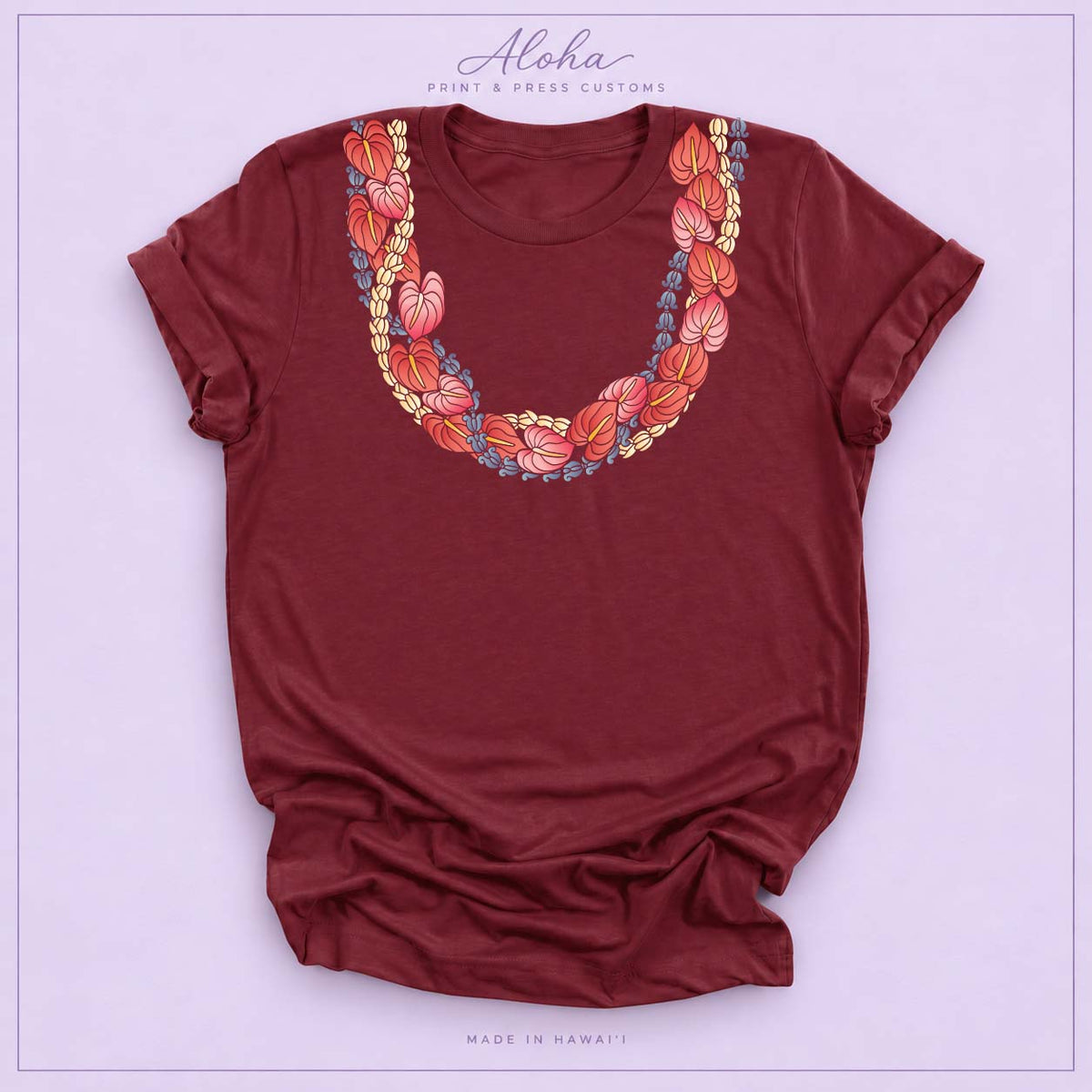 Maroon Anthurium Crownflower Pikake Lei T-Shirt