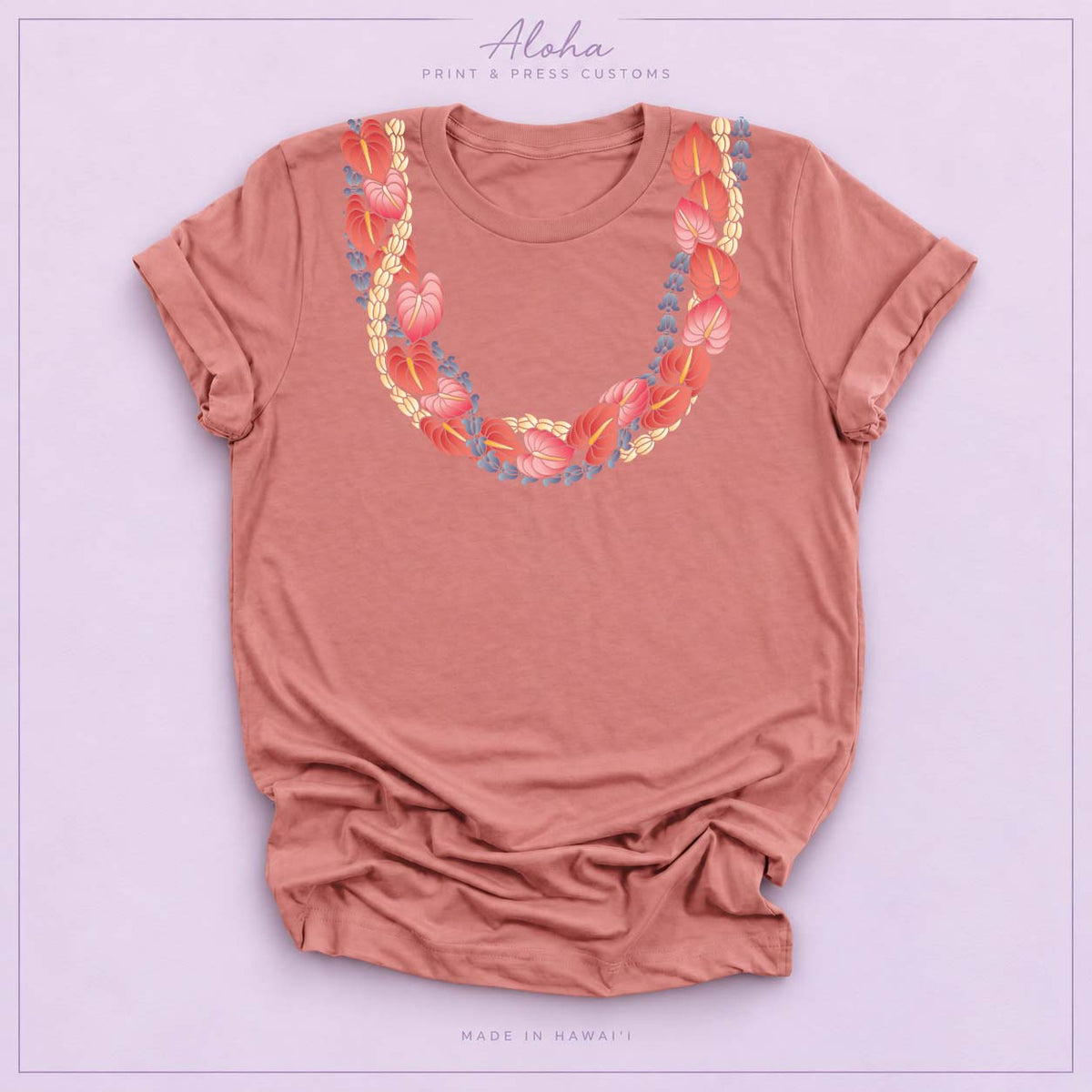 Mauve Anthurium Crownflower Pikake Lei T-Shirt