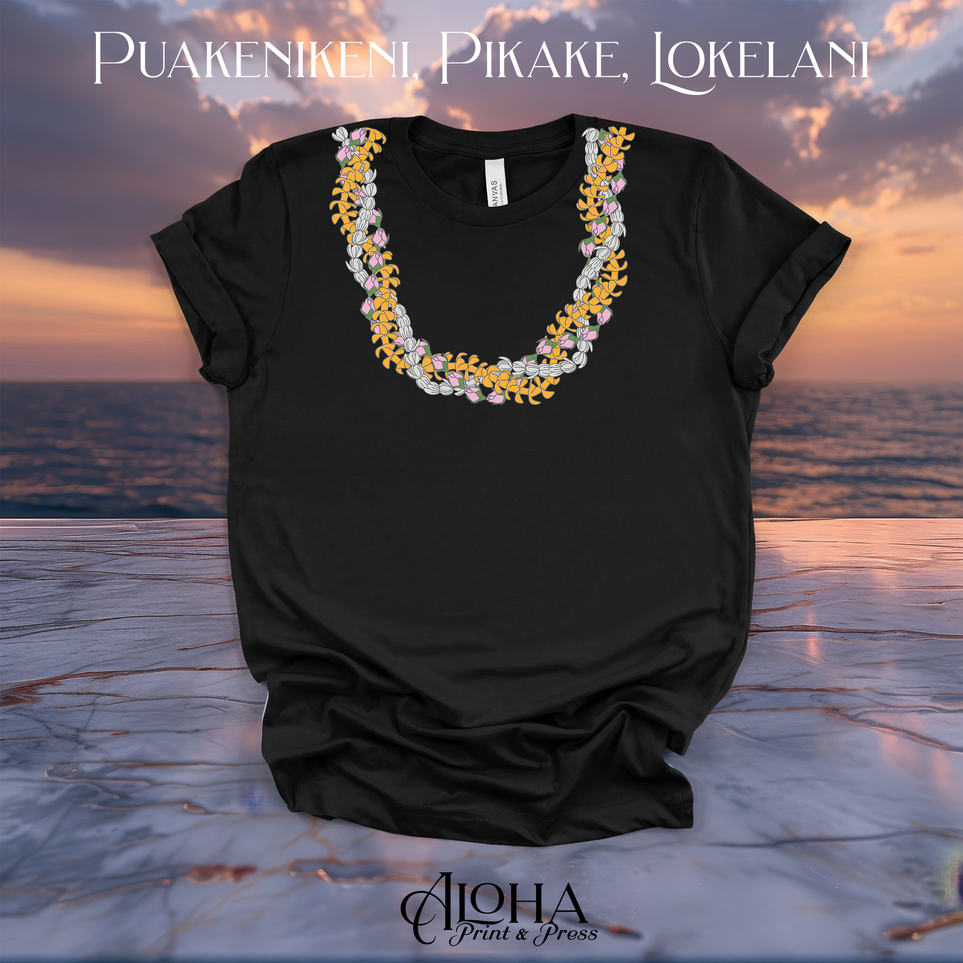 Black graphic t-shirt with a premium Hawaiian Puakenikeni, Pikake, and pink Lokelani rose triple lei necklace print by Aloha Print & Press.
