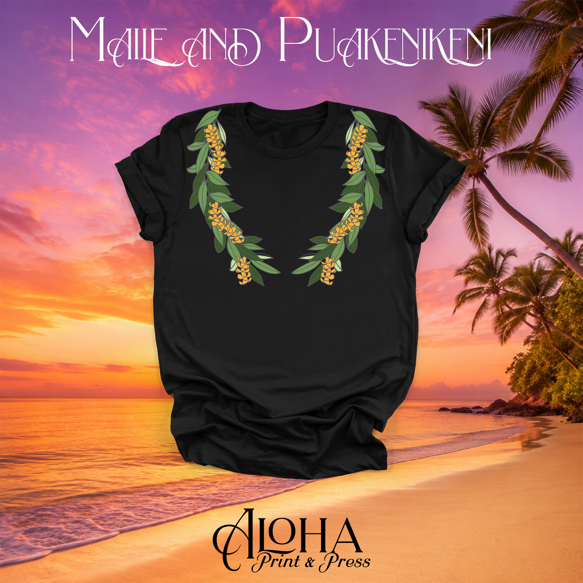 Black Maile and Puakenikeni Hawaiian lei t-shirt by Aloha Print & Press Customs