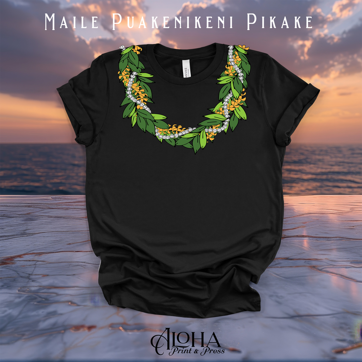 Black Maile puakenikeni pikake lei T-shirt with green leaves, golden flowers and white blossoms on a Hawaiian sunset background