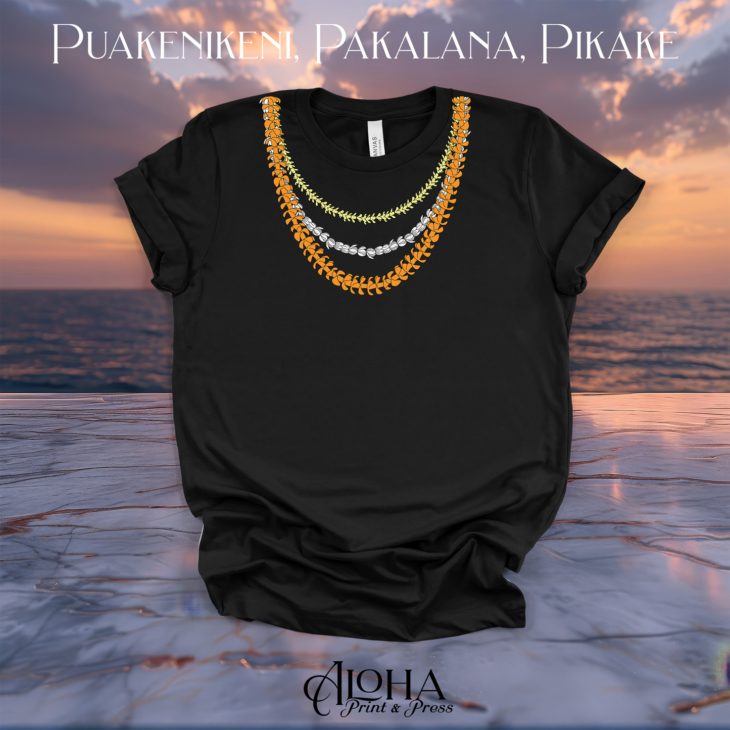 Black graphic t-shirt with Hawaiian Puakenikeni Pakalana and Pikake triple lei floral necklace print by Aloha Print & Press.