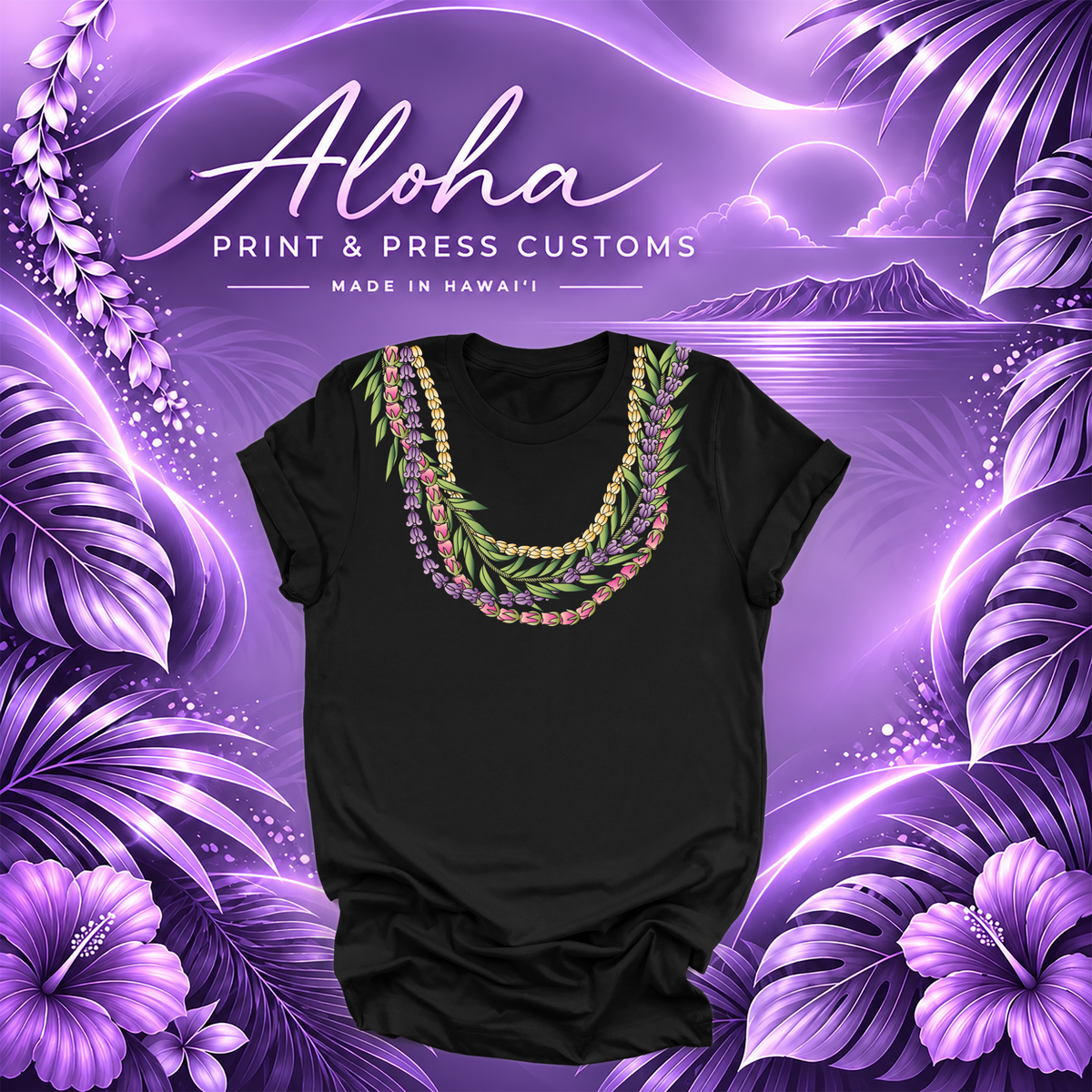 Black Maile Lokelani Pikake Crown Flower lei T-shirt mockup