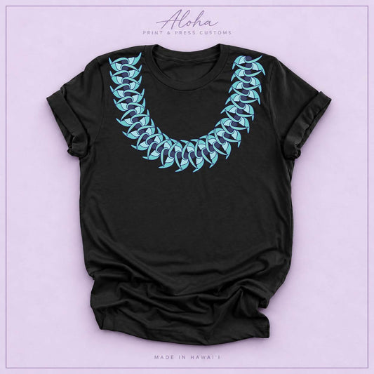 Black T-shirt featuring a Blue Jade Hawaiian leaf lei design