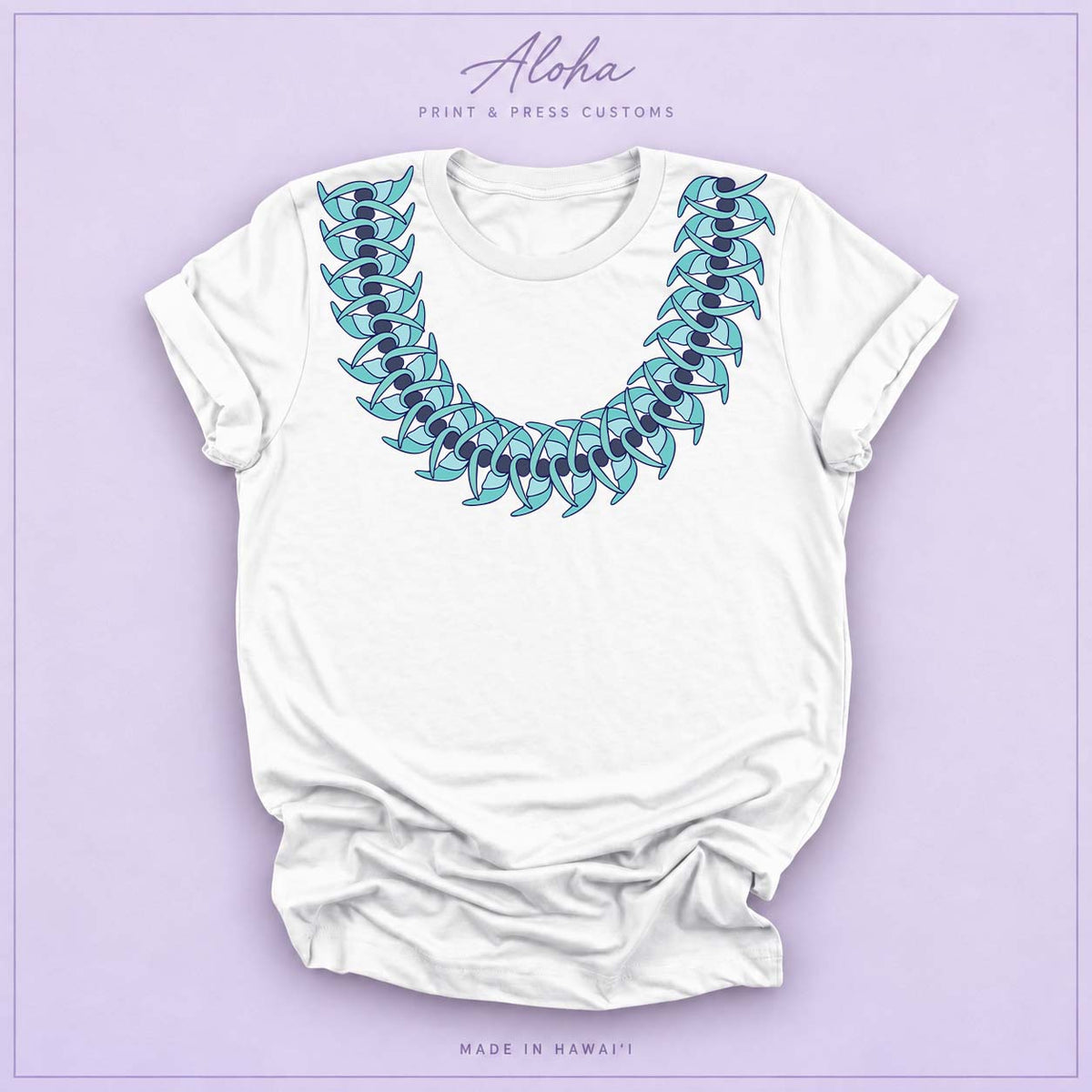 White T-shirt featuring a Blue Jade Hawaiian leaf lei design