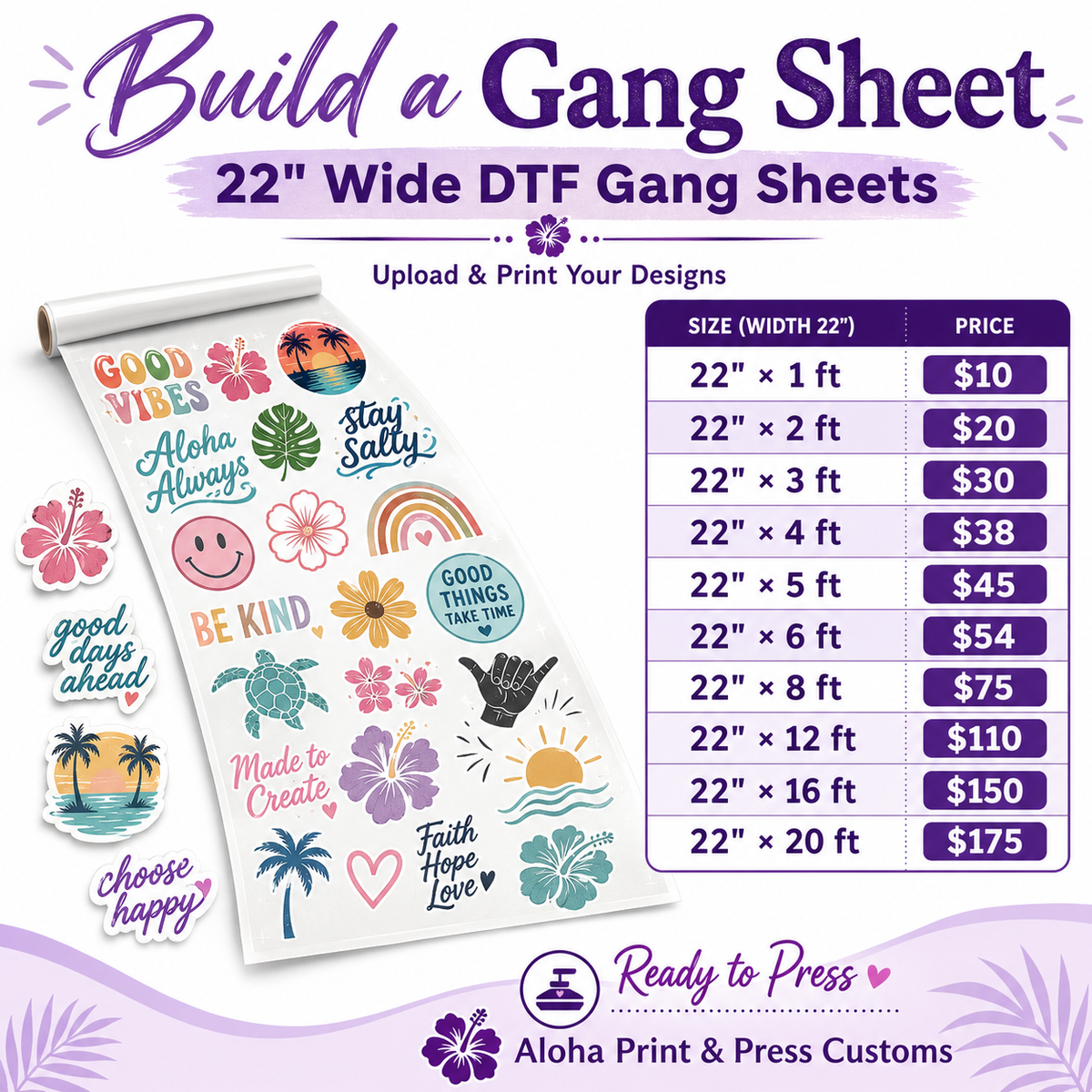Build a Gang Sheet 22-inch DTF gang sheet pricing in feet