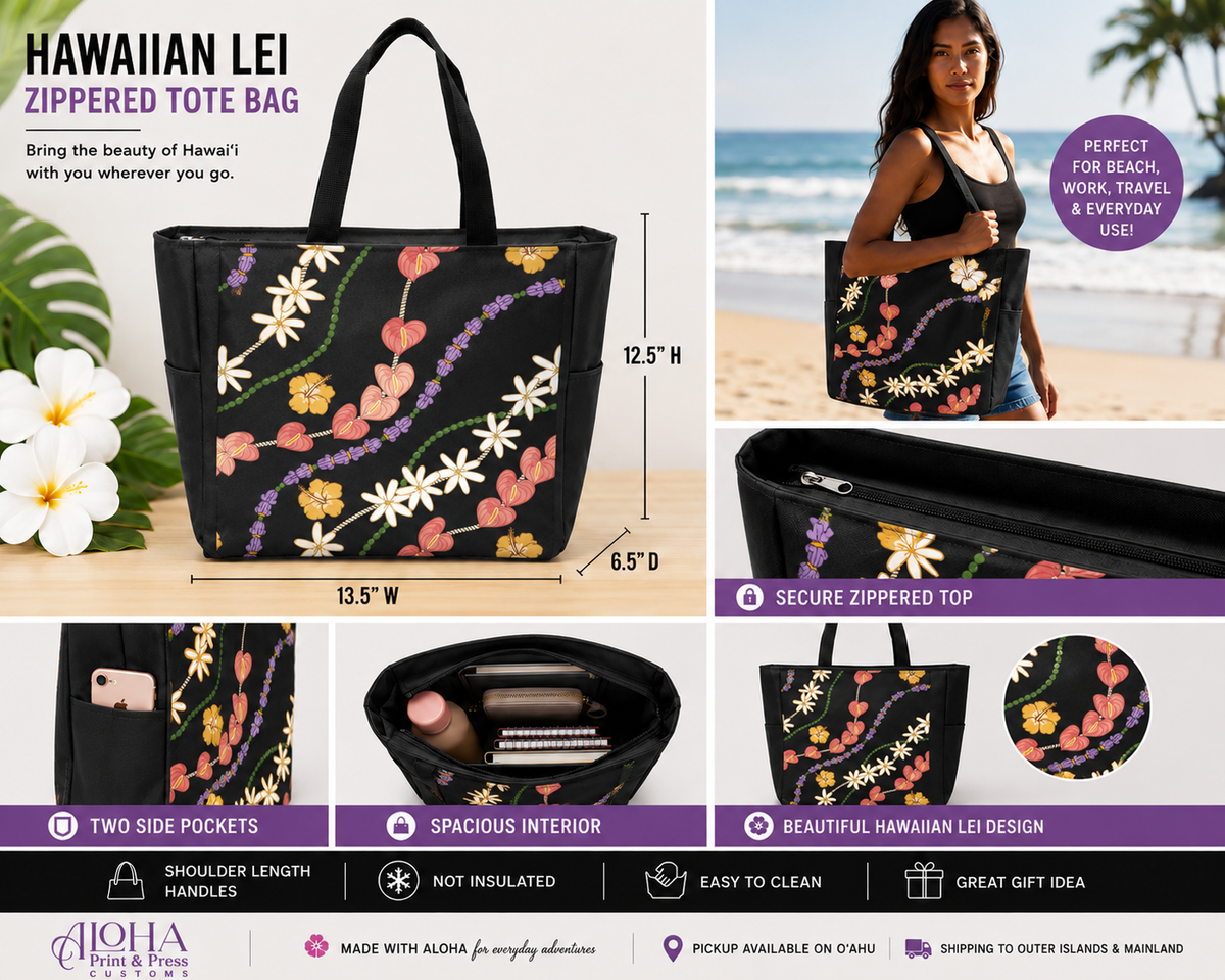 Hawaiian lei floral zippered tote bag product features and dimensions