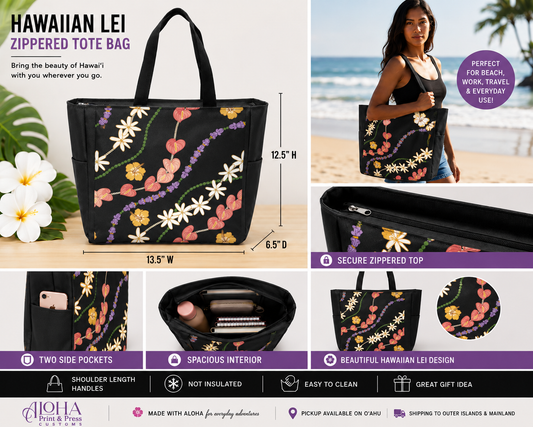 Hawaiian lei floral zippered tote bag product features and dimensions