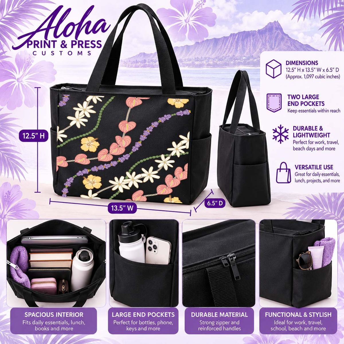 Crownflower Anthurium Tiara Mokihana Hawaiian tote bag in black