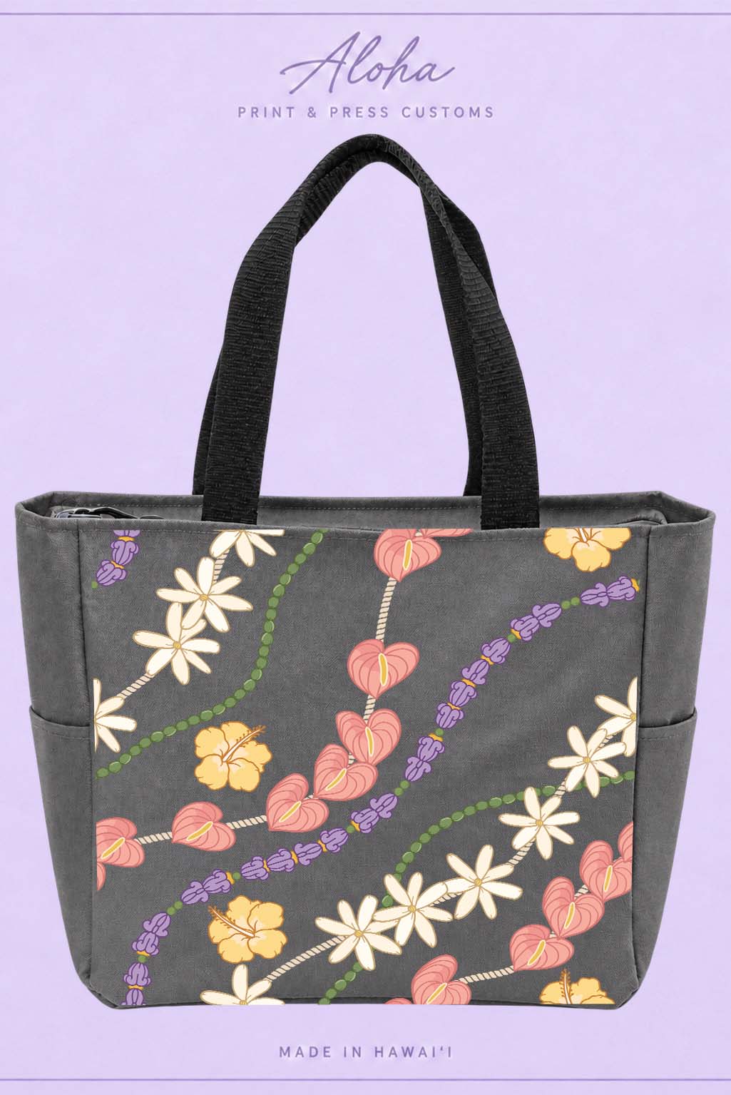 Crownflower Anthurium Tiara Mokihana Hawaiian tote bag in charcoal