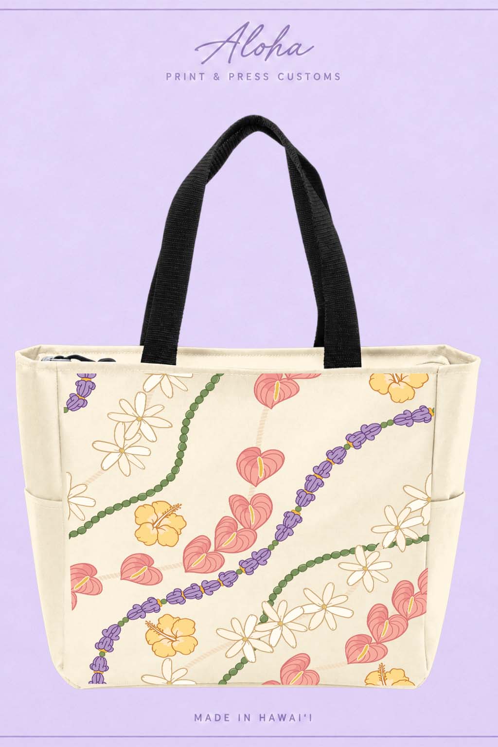 Crownflower Anthurium Tiara Mokihana Hawaiian tote bag in stone