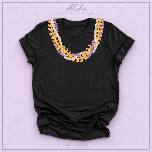 Black T-shirt with Crownflower, Pikake and Puakenikeni Hawaiian lei necklace design on Aloha Print & Press Customs branded background