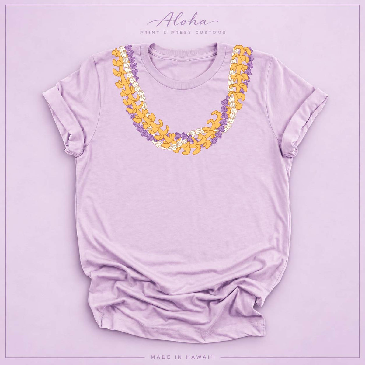 Lilac T-shirt with Crownflower, Pikake and Puakenikeni Hawaiian lei necklace design on Aloha Print & Press Customs branded background
