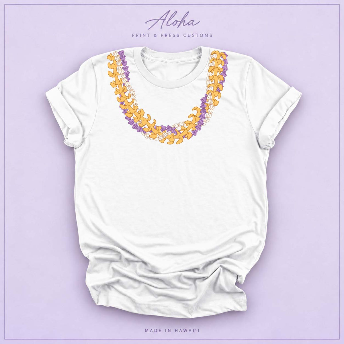White T-shirt with Crownflower, Pikake and Puakenikeni Hawaiian lei necklace design on Aloha Print & Press Customs branded background
