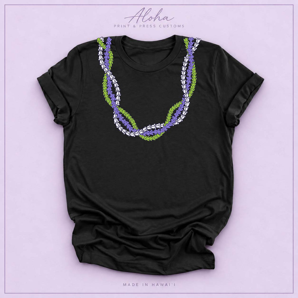 Black T-shirt featuring the Crownflower Twist lei design