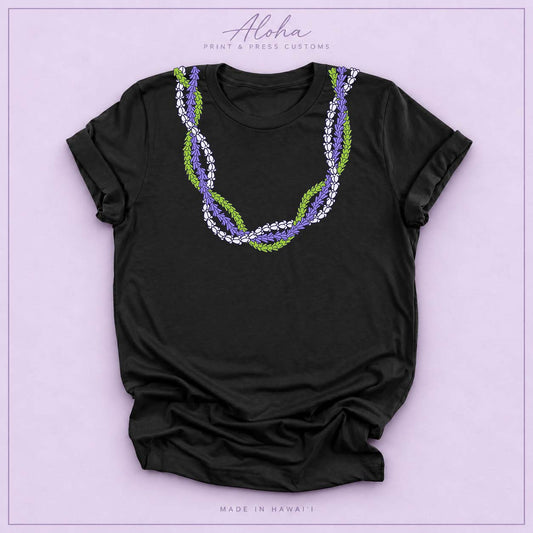 Black T-shirt featuring the Crownflower Twist lei design