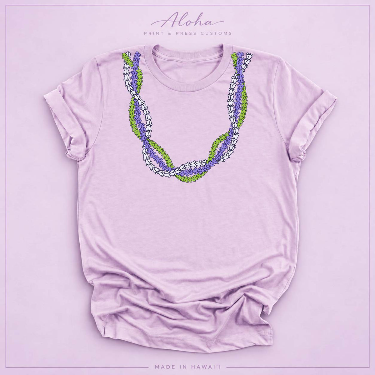 Lilac T-shirt featuring the Crownflower Twist lei design