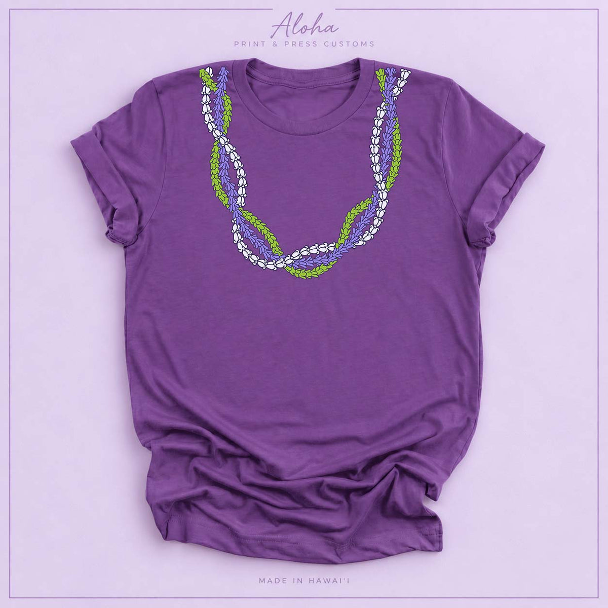 Royal Purple T-shirt featuring the Crownflower Twist lei design