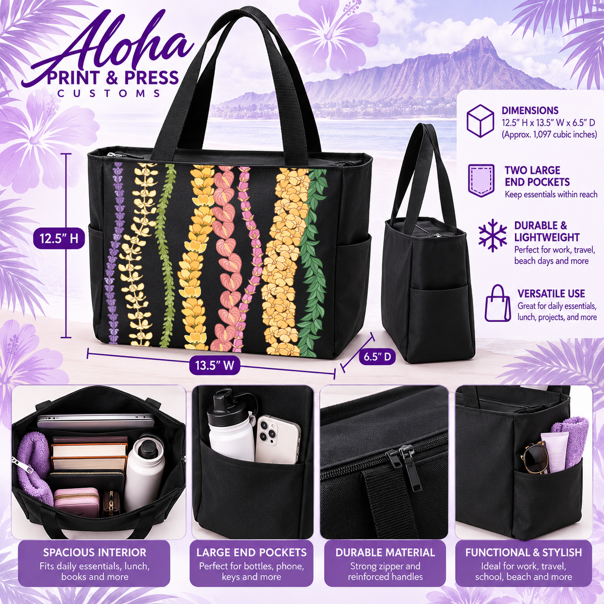 Black tote bag with colorful curved Hawaiian lei design, zipper, and large end pockets