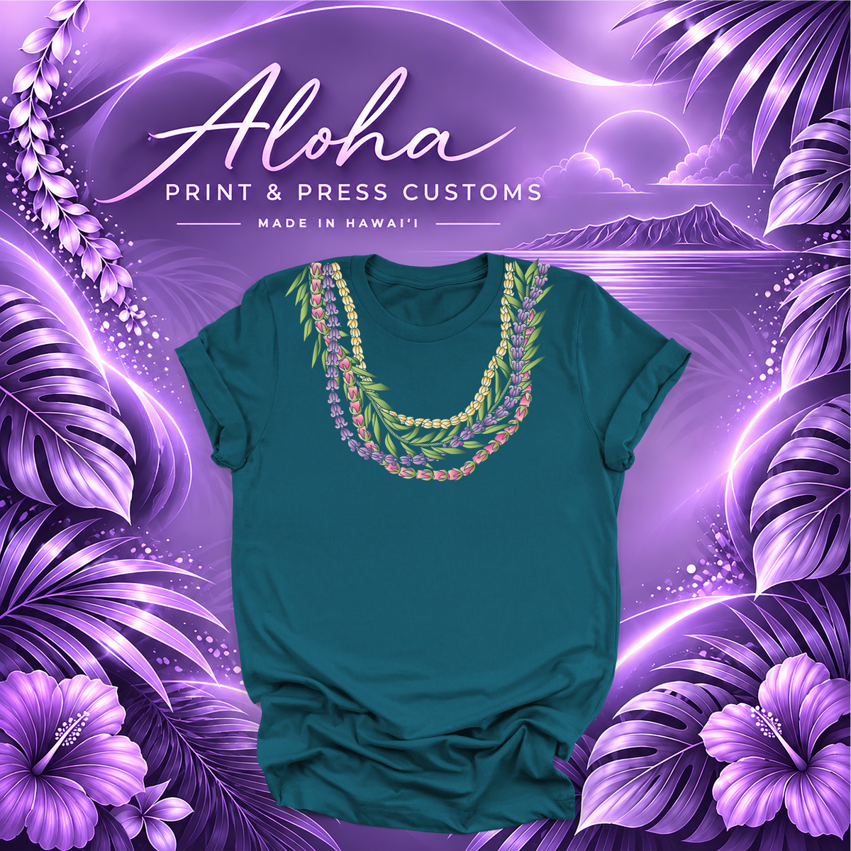Deep Teal Maile Lokelani Pikake Crown Flower lei T-shirt mockup
