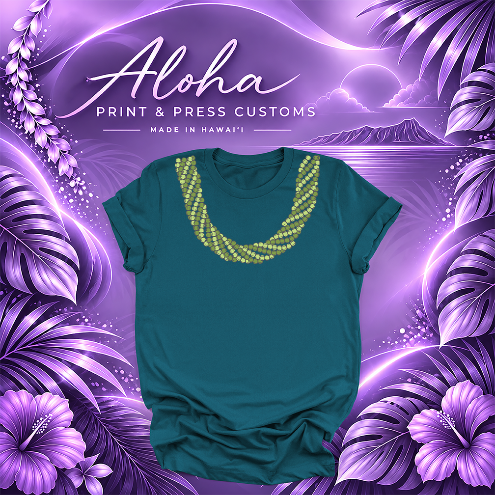 Deep teal T-shirt featuring a Mokihana lei design