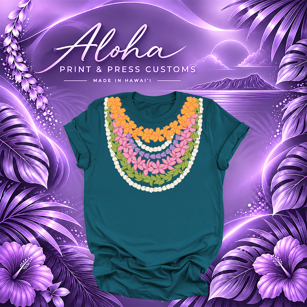 Deep teal T-shirt featuring a multi-strand Hawaiian lei design