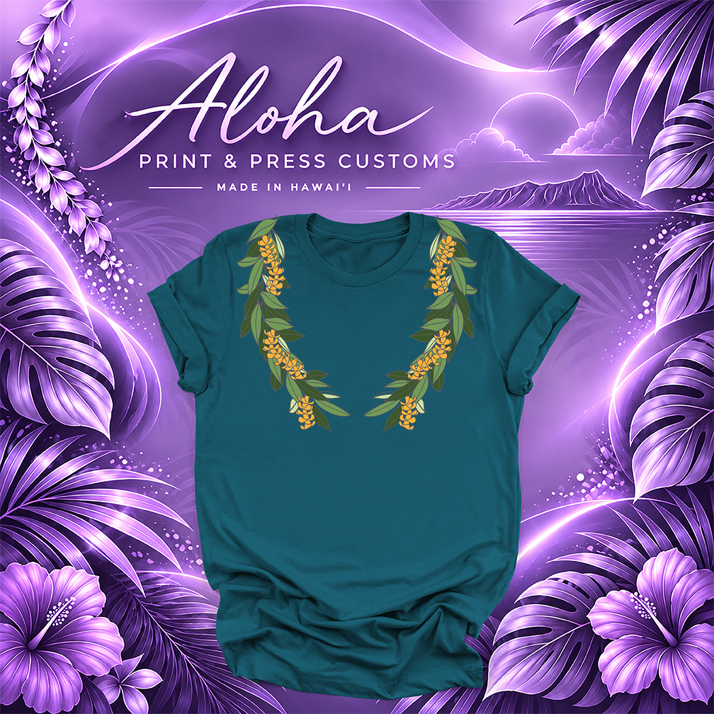 Deep teal T-shirt featuring a Maile and Puakenikeni lei design