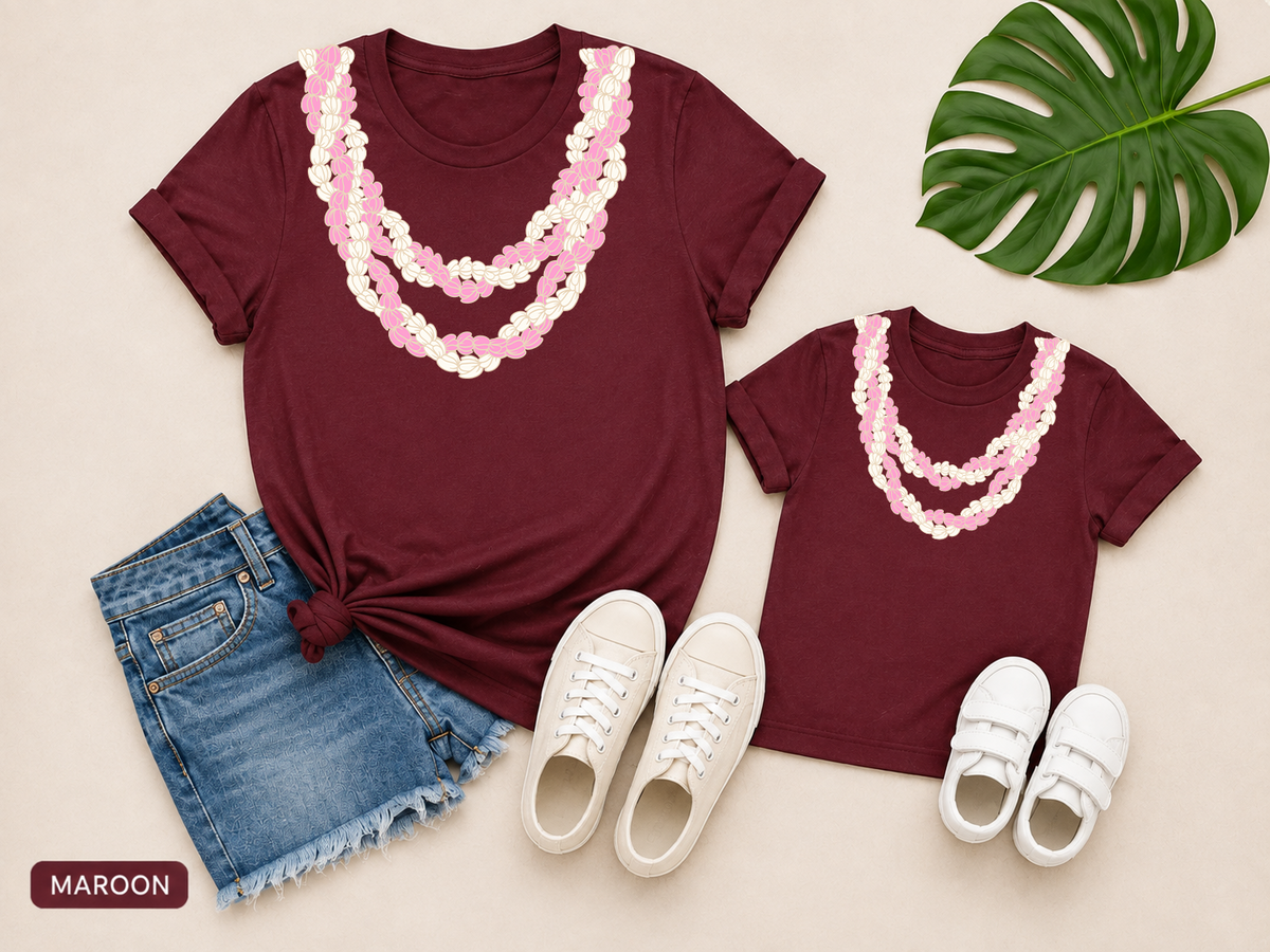 Double Lokelani Mommy and Mini matching lei shirts in maroon