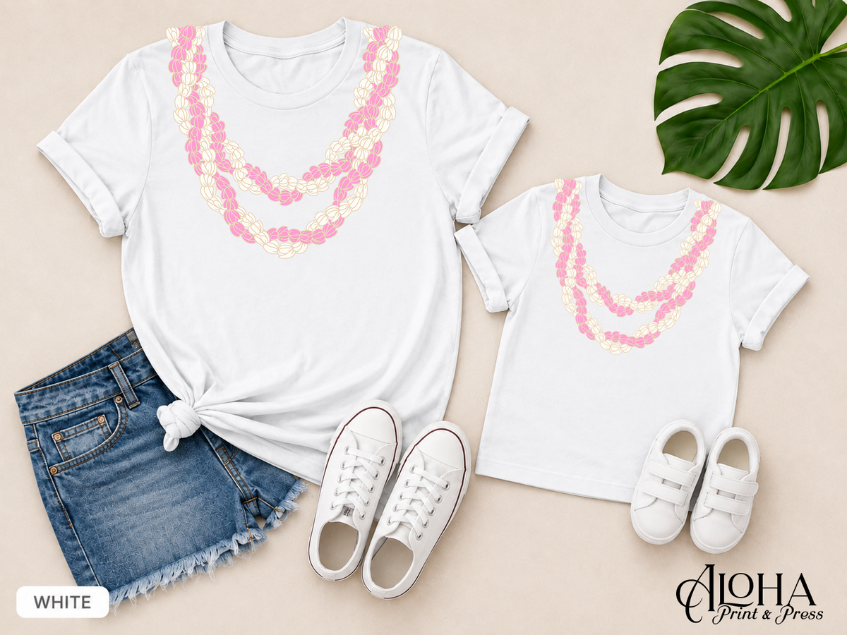 Double Lokelani Mommy and Mini matching lei shirts in white