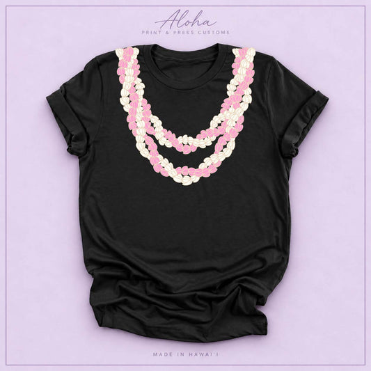 Black T-shirt with pink and cream Double Pikake Lei design on Aloha Print & Press Customs branded background
