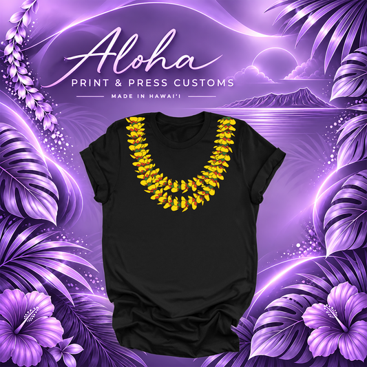 Black T-shirt featuring the Fire Lantern ʻIlima lei design