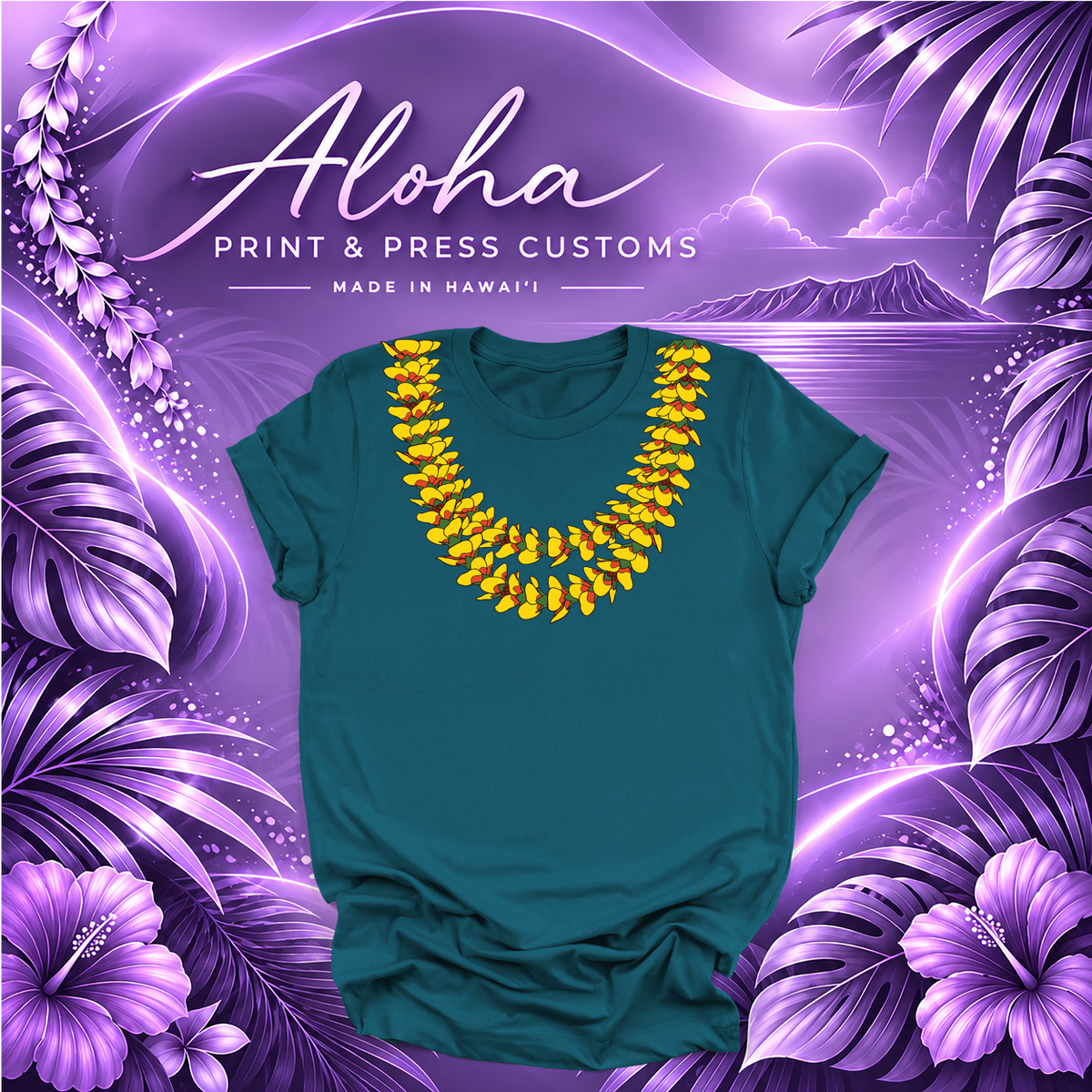 Deep Teal T-shirt featuring the Fire Lantern ʻIlima lei design
