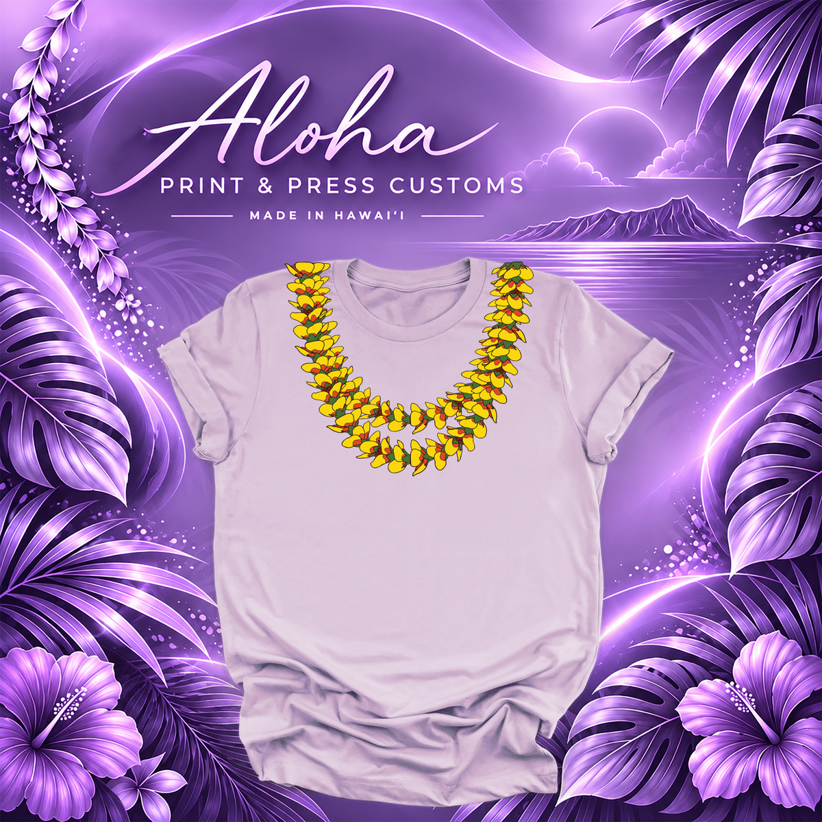 Lilac T-shirt featuring the Fire Lantern ʻIlima lei design