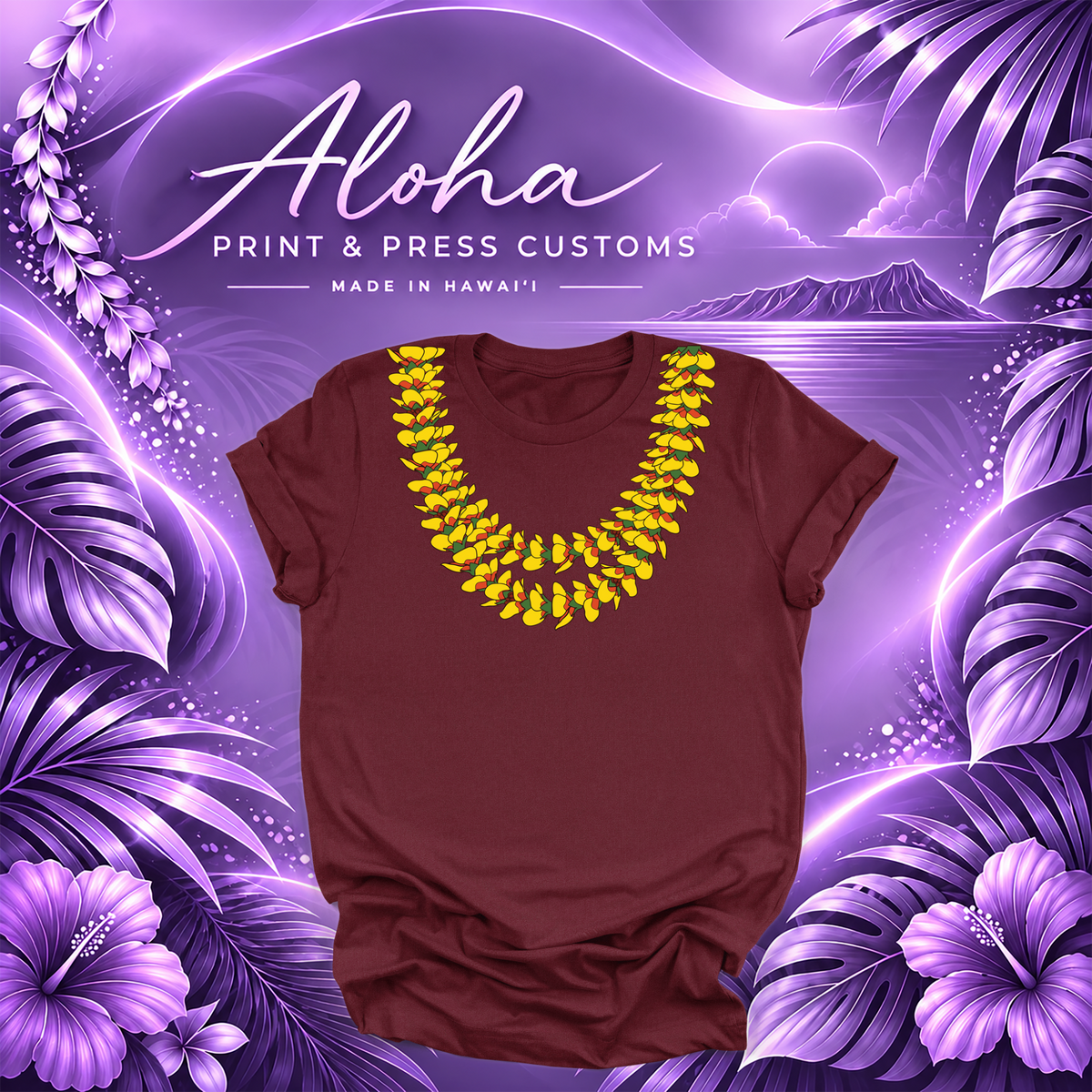 Maroon T-shirt featuring the Fire Lantern ʻIlima lei design