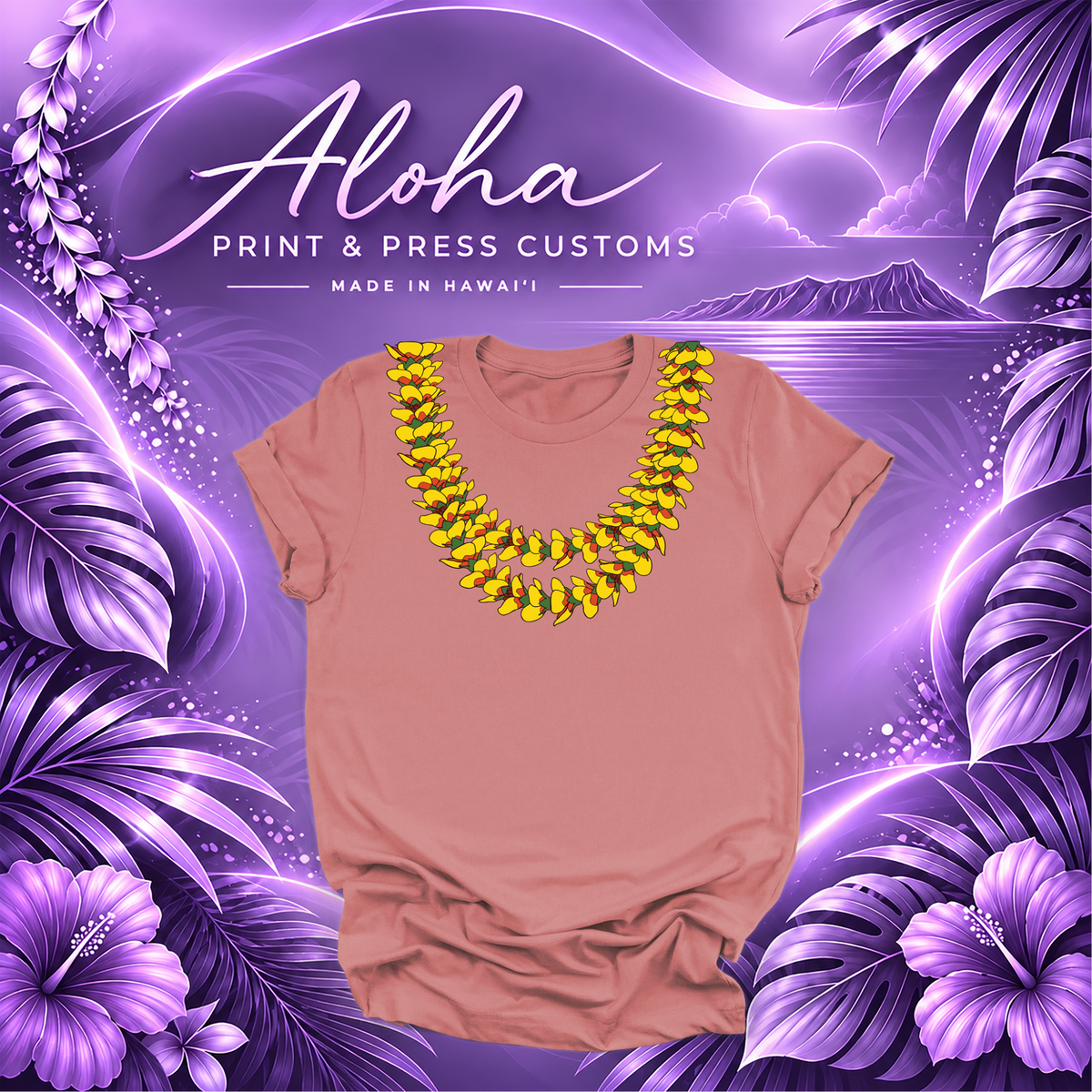 Mauve T-shirt featuring the Fire Lantern ʻIlima lei design