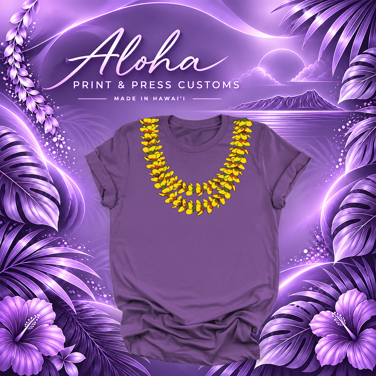 Royal Purple T-shirt featuring the Fire Lantern ʻIlima lei design