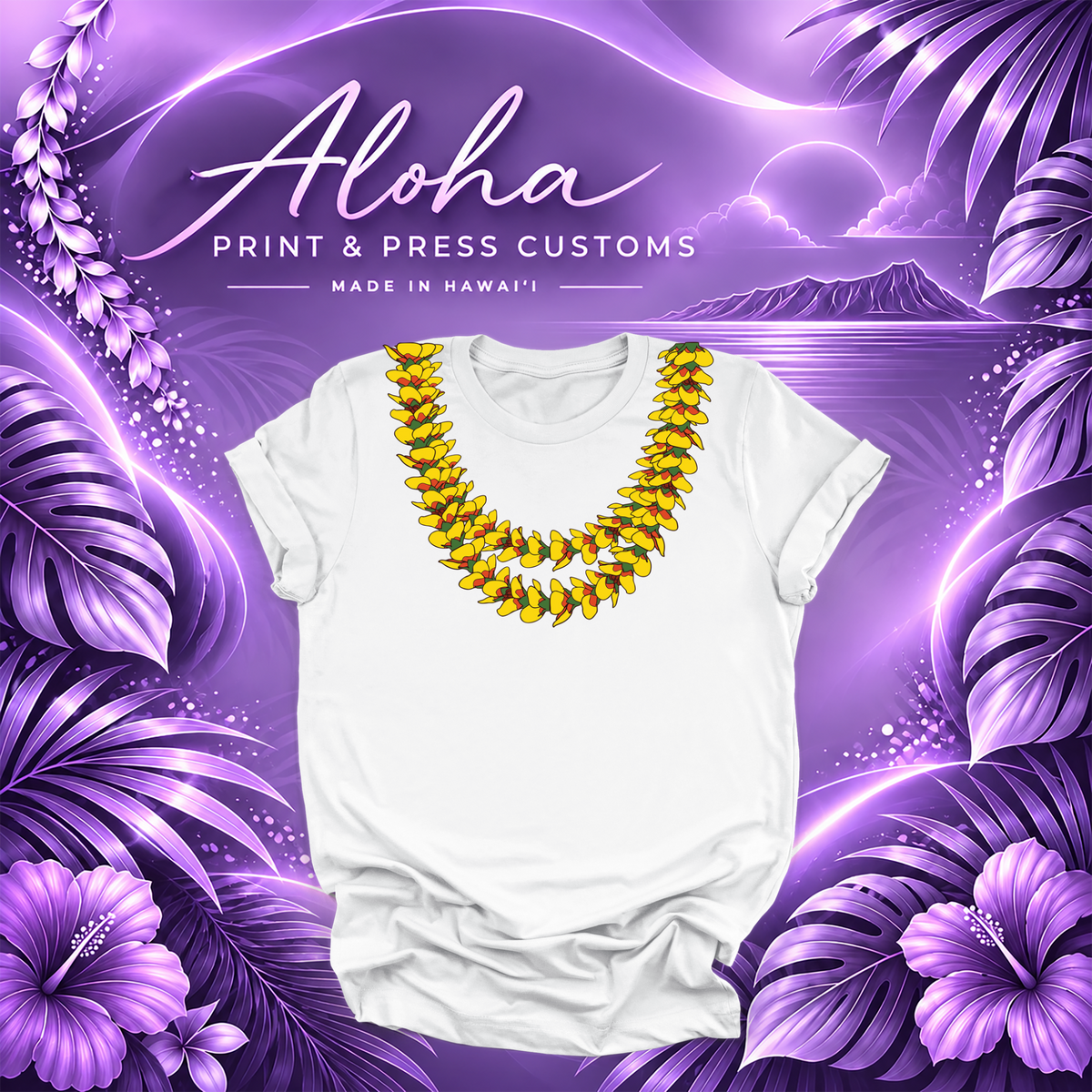 White T-shirt featuring the Fire Lantern ʻIlima lei design