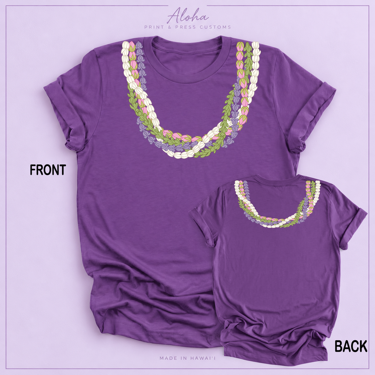 Four-strand Pikake Lokelani Crown Flower Pakalana lei shirt, front and back mockup