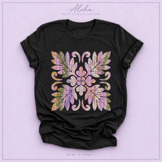 Hawaiian Floral Quilt shirt in black featuring Maile, Puakenikeni, Lokelani, Pakalana and Pikake