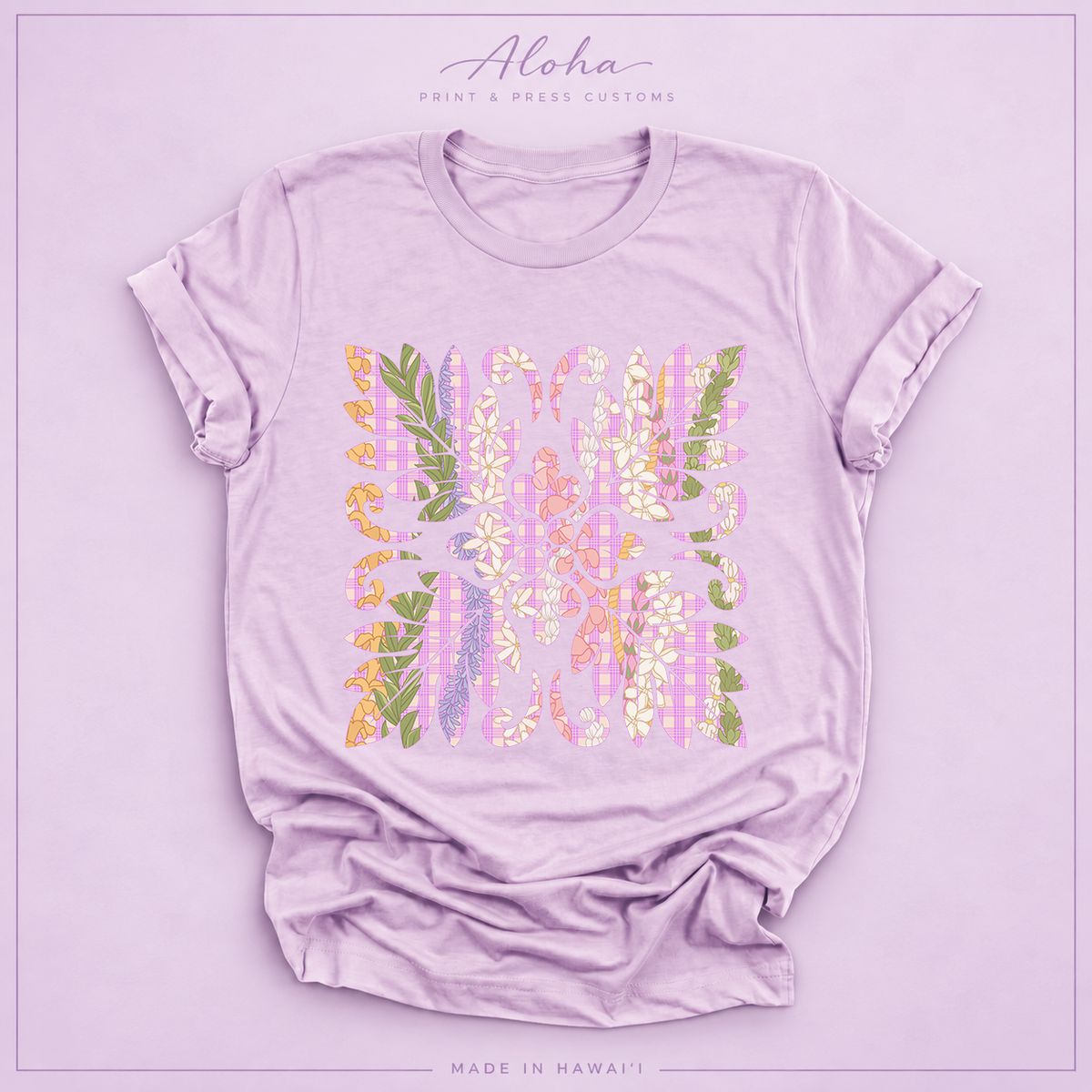 Hawaiian Floral Quilt shirt in lilac featuring Maile, Puakenikeni, Lokelani, Pakalana and Pikake