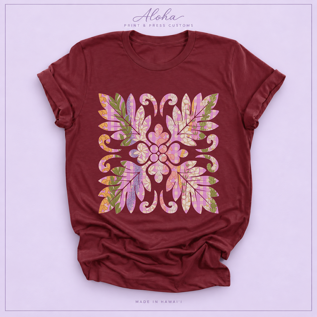 Hawaiian Floral Quilt shirt in maroon featuring Maile, Puakenikeni, Lokelani, Pakalana and Pikake