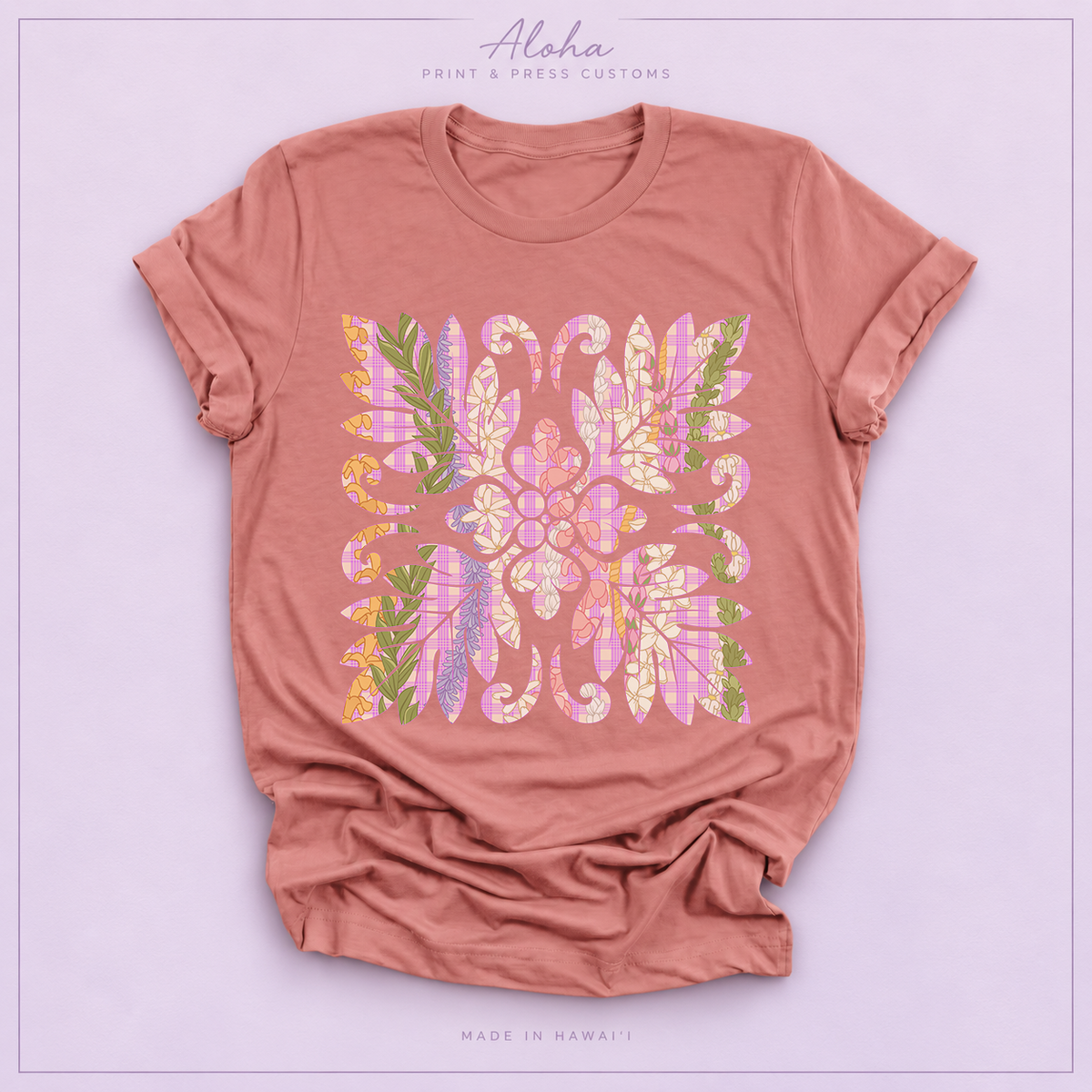 Hawaiian Floral Quilt shirt in mauve featuring Maile, Puakenikeni, Lokelani, Pakalana and Pikake