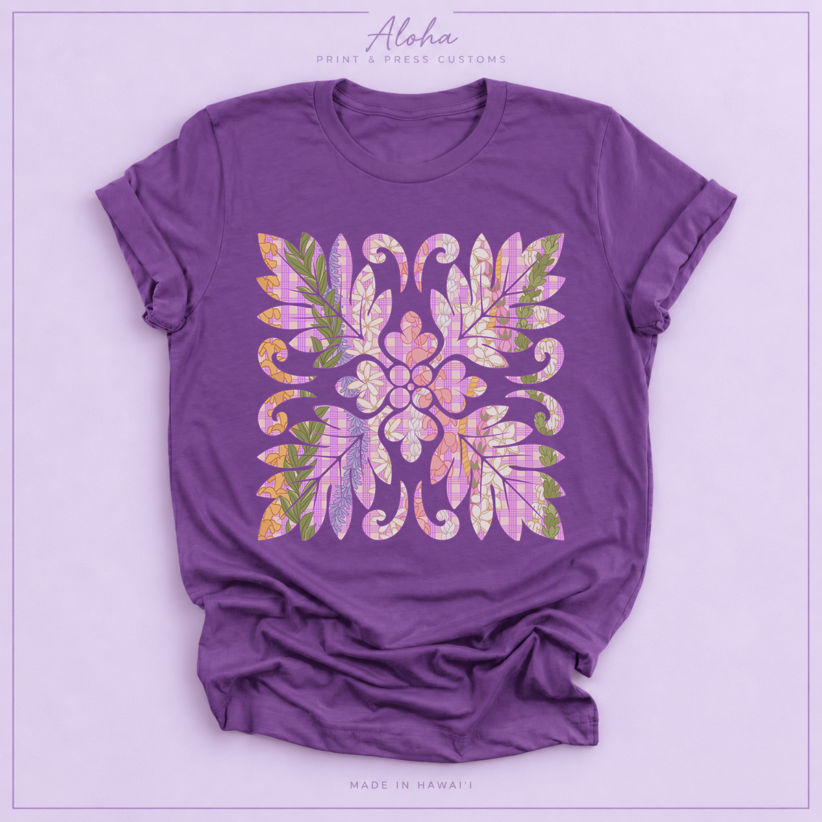 Hawaiian Floral Quilt shirt in royal purple featuring Maile, Puakenikeni, Lokelani, Pakalana and Pikake